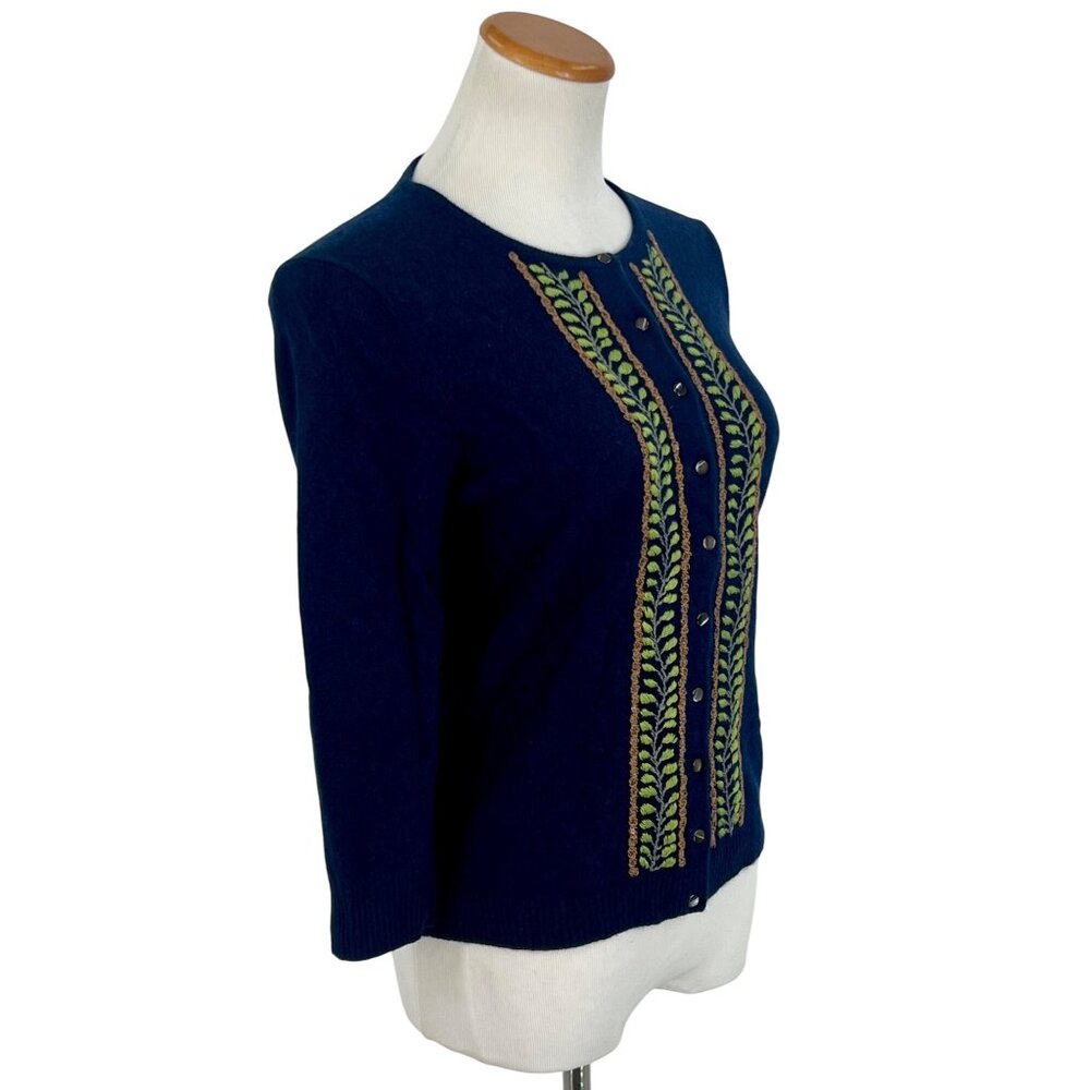 J. Crew Blue Embroidered & Beaded Cashmere Blend Button Front Cardigan • Preppy - Picture 6 of 14